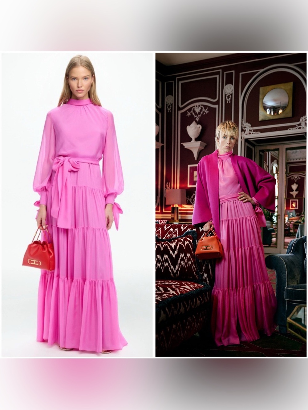 NWOT CH Carolina Herrera Hot Pink Belted Silk Maxi Dress, Size S